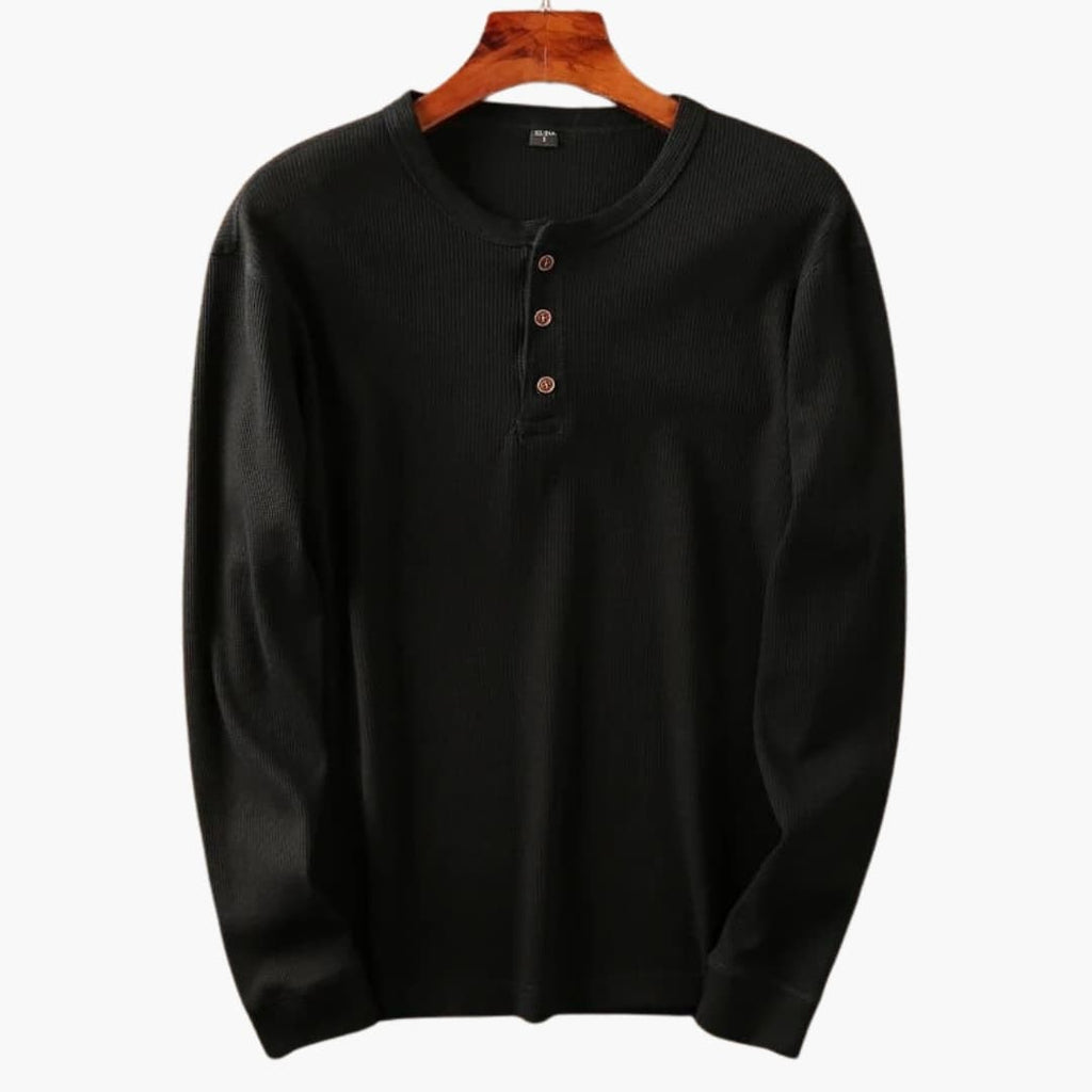 Men's Long Sleeve Henley Top - Waffle Knit - Three-Button Placket - Collarless Round Neck - Relaxed Fit