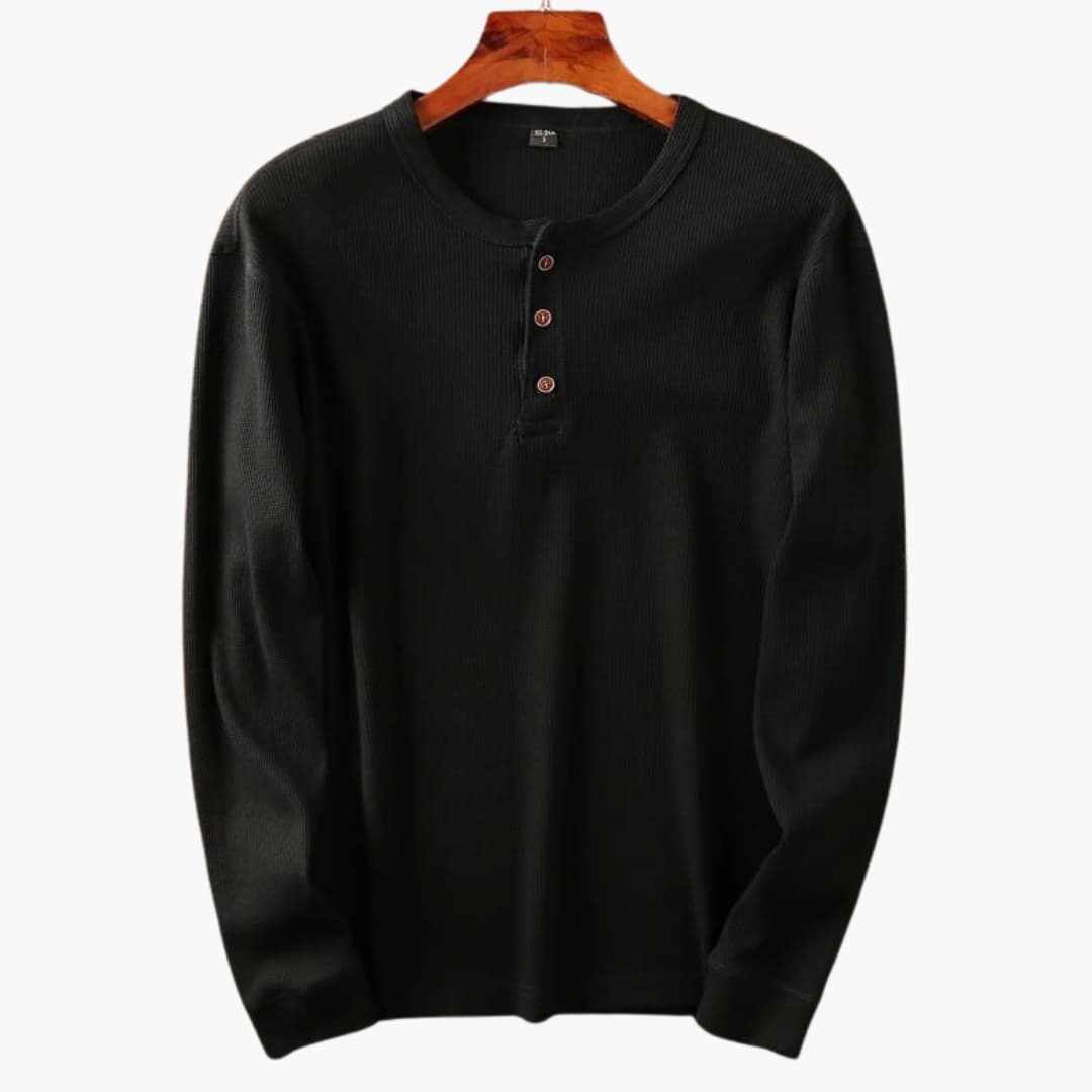 Men's Long Sleeve Henley Top - Waffle Knit - Three-Button Placket - Collarless Round Neck - Relaxed Fit