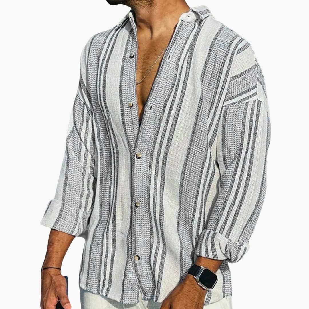Men’s Vertical Stripe Button Down Shirt with Long Sleeves and Relaxed Fit