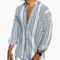Men’s Vertical Stripe Button Down Shirt with Long Sleeves and Relaxed Fit