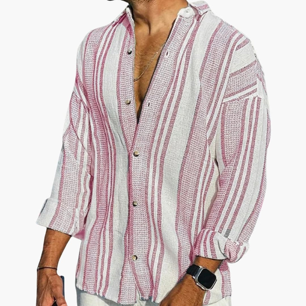 Men’s Vertical Stripe Button Down Shirt with Long Sleeves and Relaxed Fit