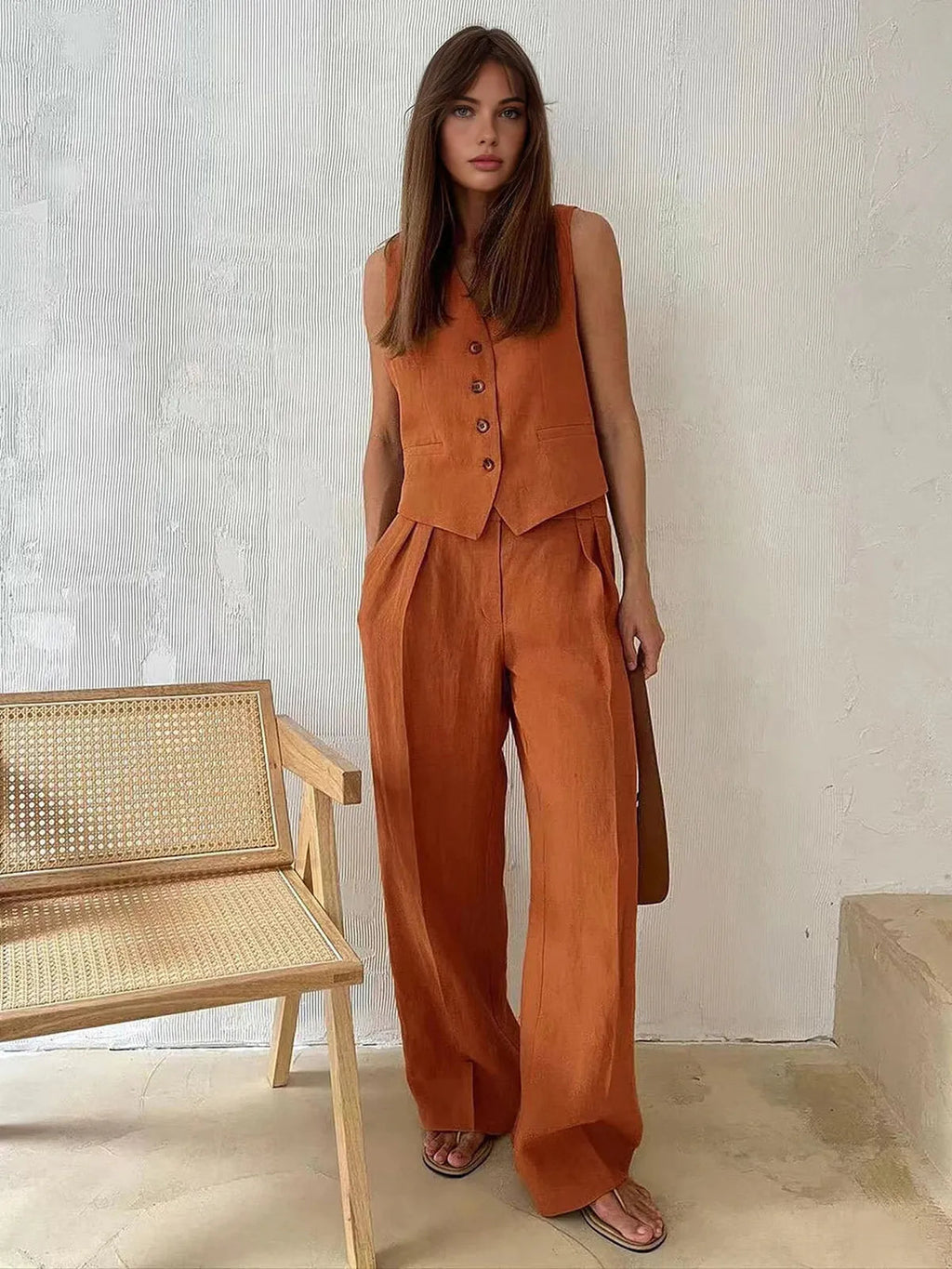 Women’s Two Piece Sleeveless Button Front Vest and Wide Leg Trousers Set