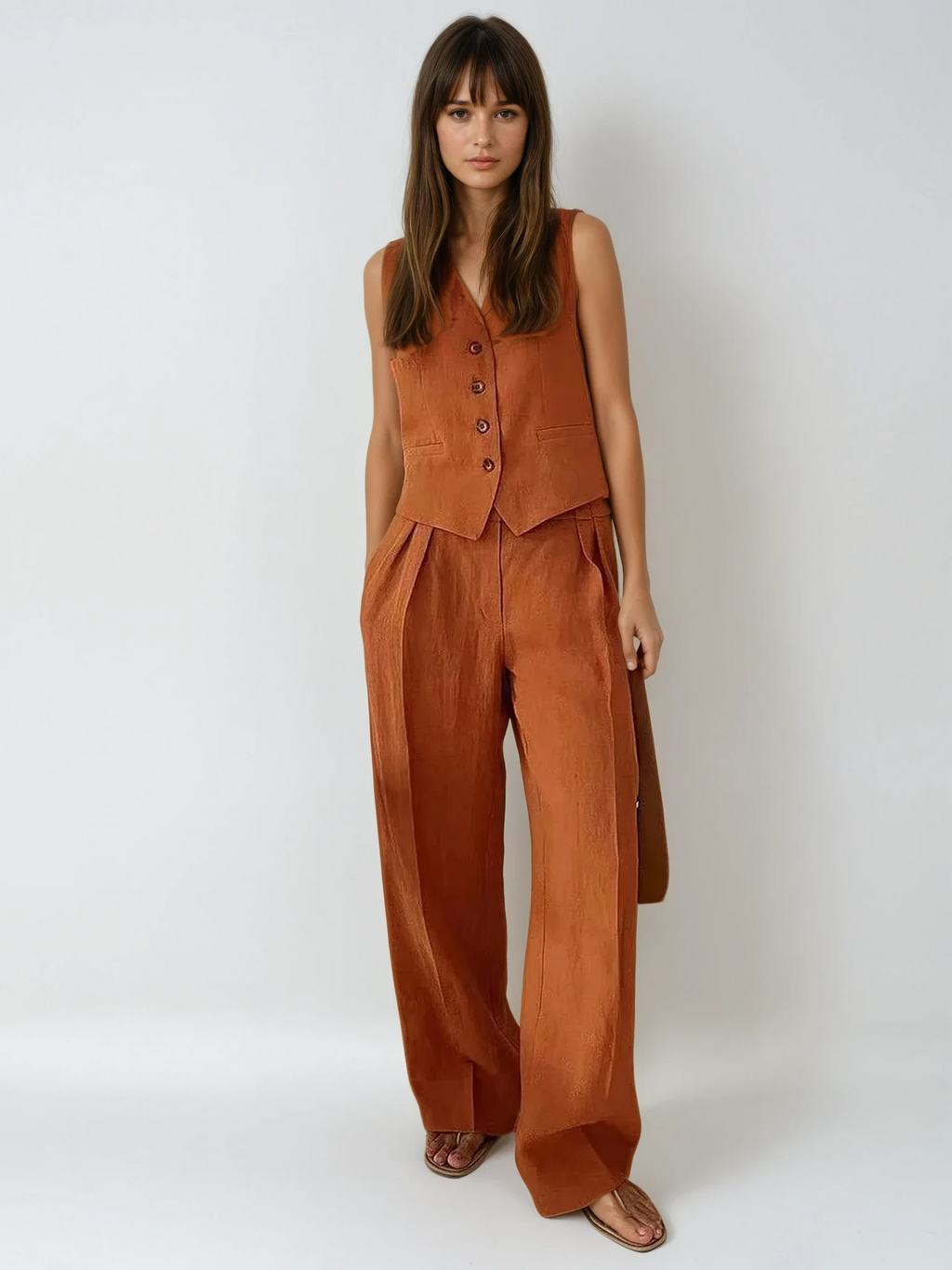 Women’s Two Piece Sleeveless Button Front Vest and Wide Leg Trousers Set