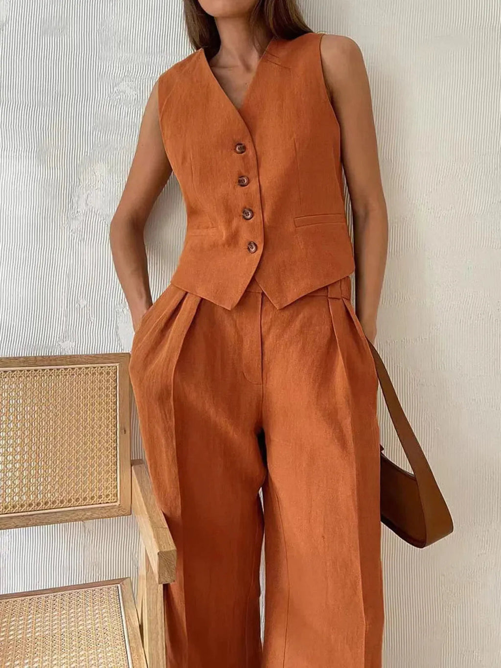 Women’s Two Piece Sleeveless Button Front Vest and Wide Leg Trousers Set