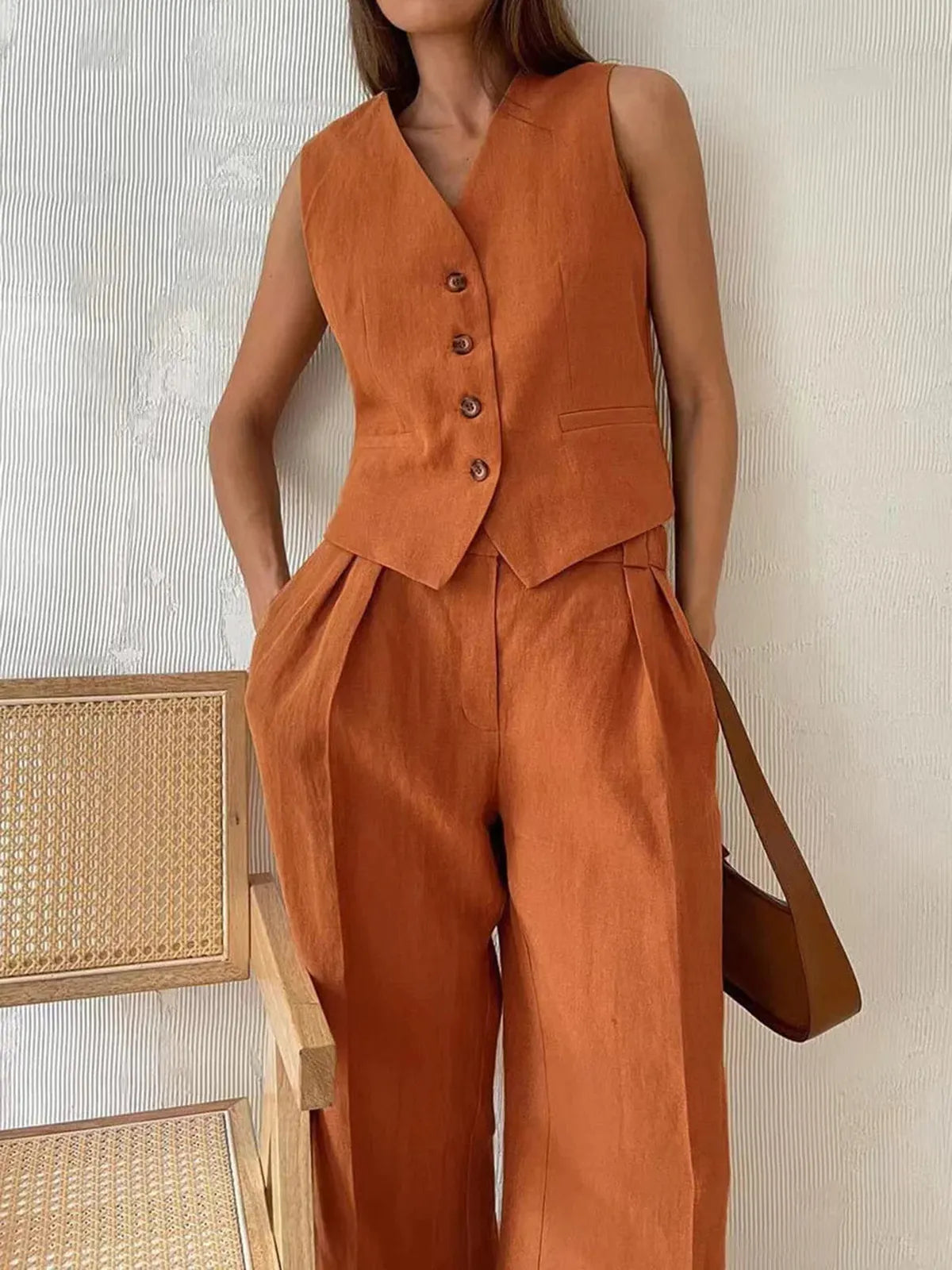 Women’s Two Piece Sleeveless Button Front Vest and Wide Leg Trousers Set