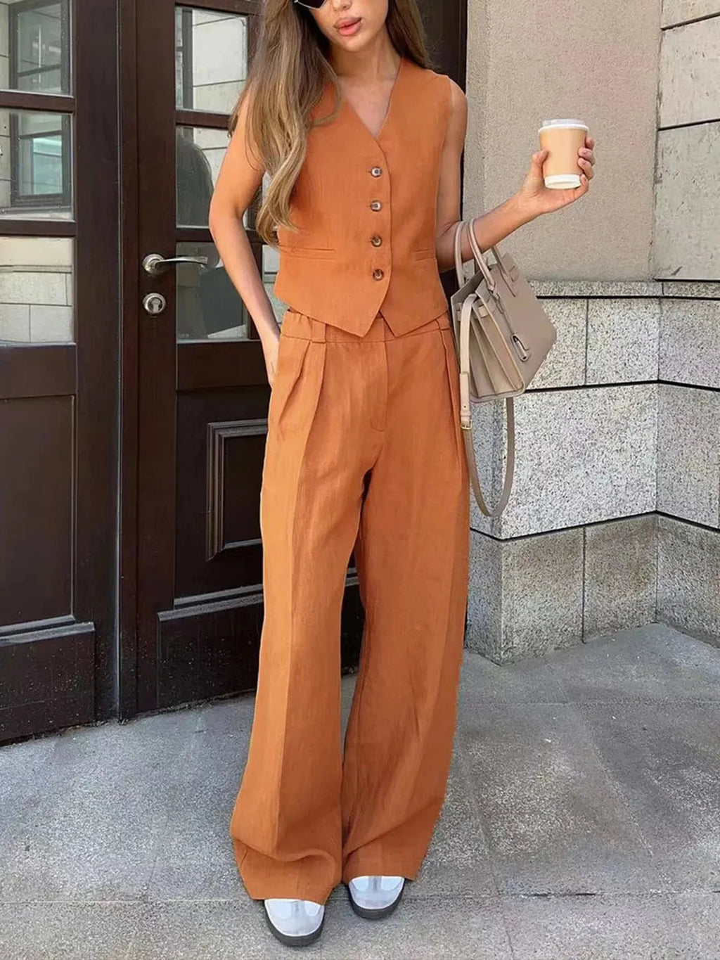 Women’s Two Piece Sleeveless Button Front Vest and Wide Leg Trousers Set