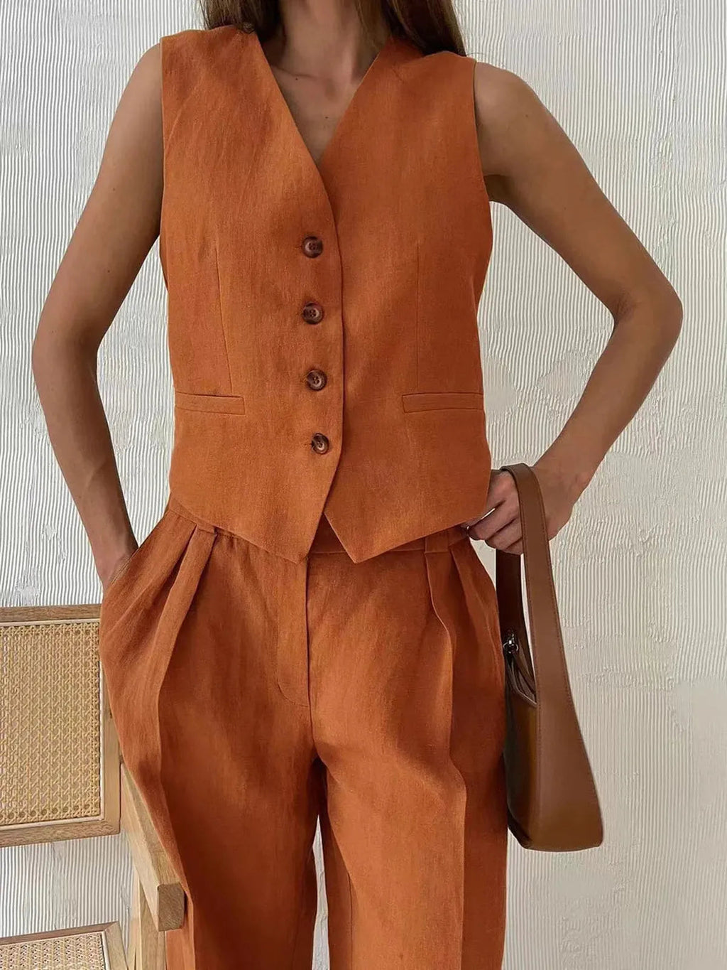 Women’s Two Piece Sleeveless Button Front Vest and Wide Leg Trousers Set