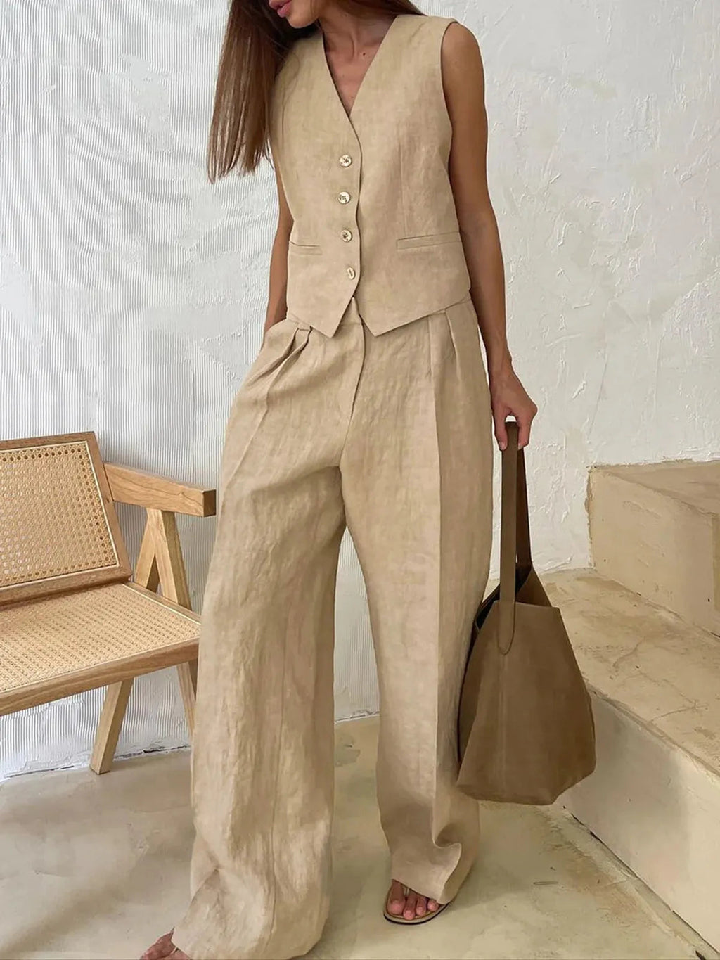 Women’s Two Piece Sleeveless Button Front Vest and Wide Leg Trousers Set