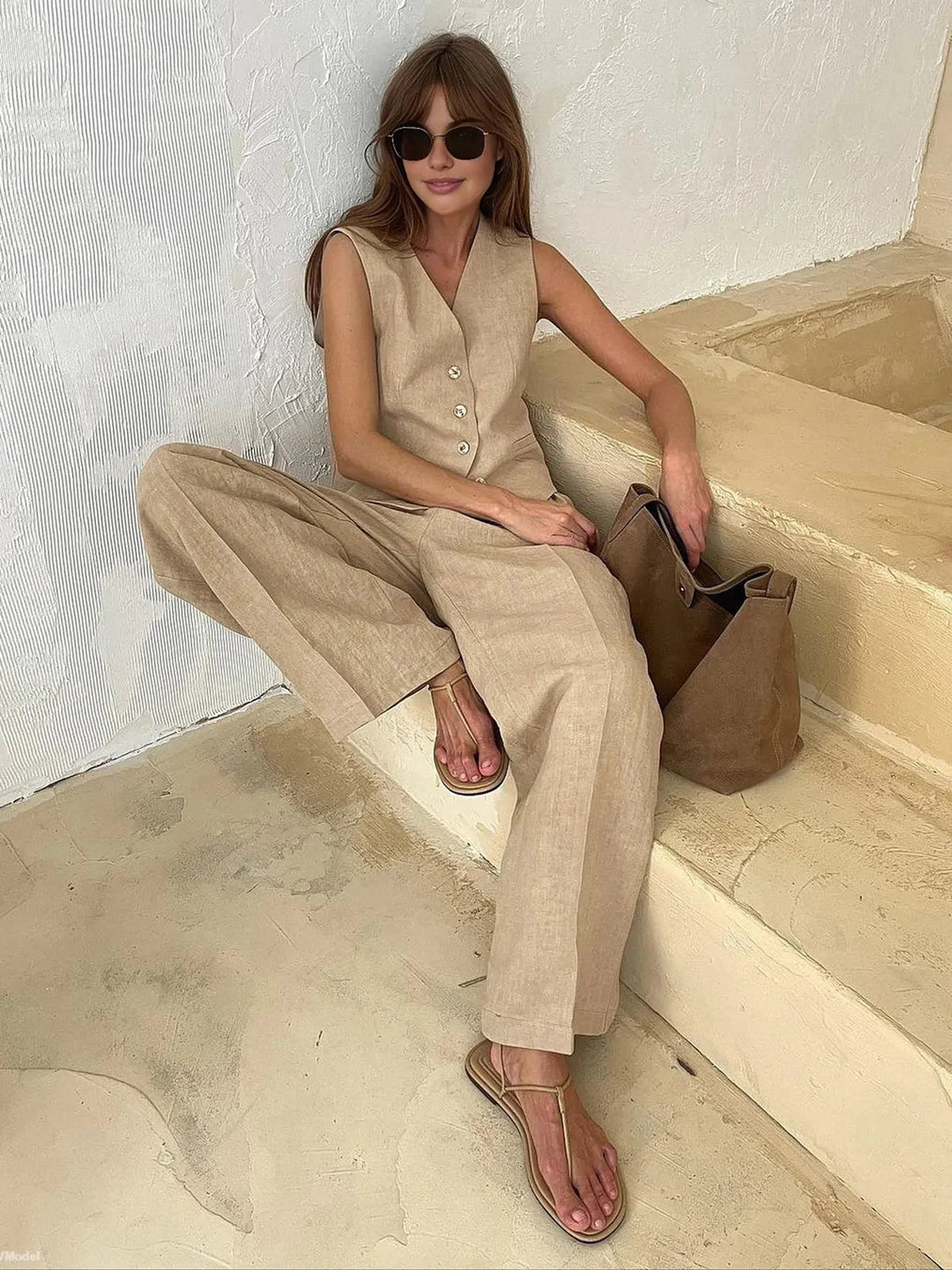 Women’s Two Piece Sleeveless Button Front Vest and Wide Leg Trousers Set