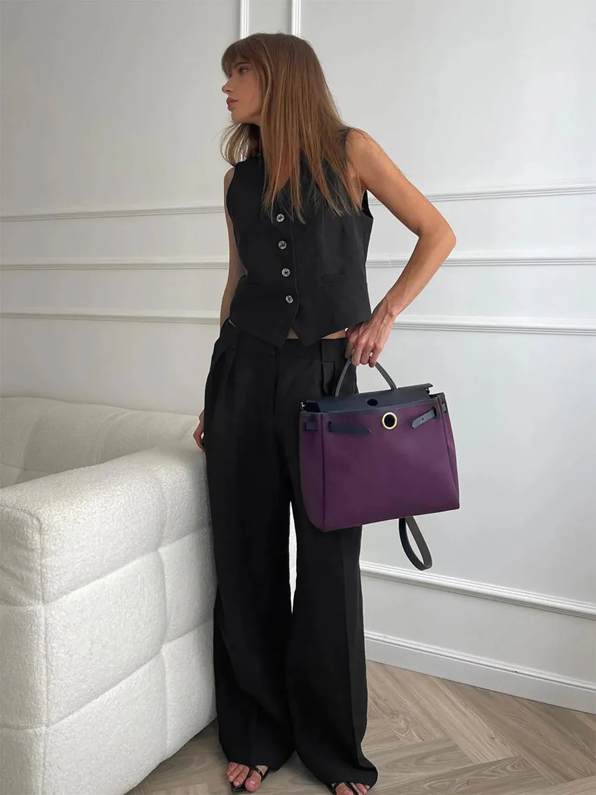 Women’s Two Piece Sleeveless Button Front Vest and Wide Leg Trousers Set