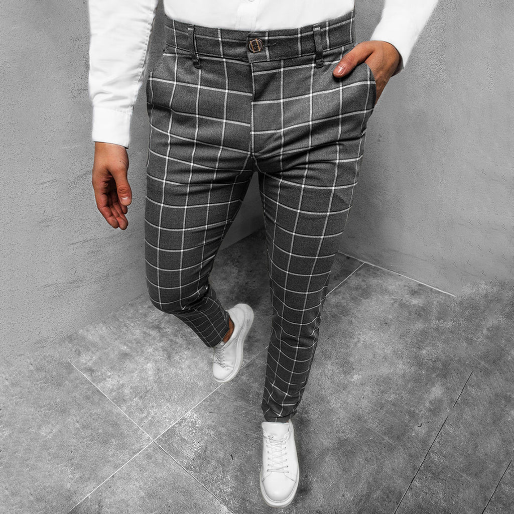 Men's Plaid Check Slim Tapered Leg Chino Trousers with Button and Zip Fly