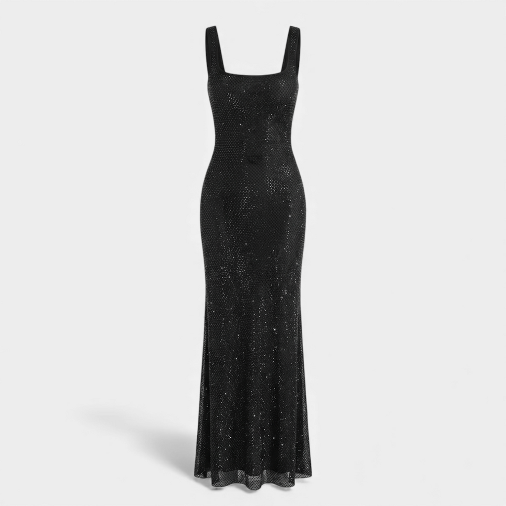 Women’s Sleeveless Embellished Maxi Dress with Square Neck and Low Back