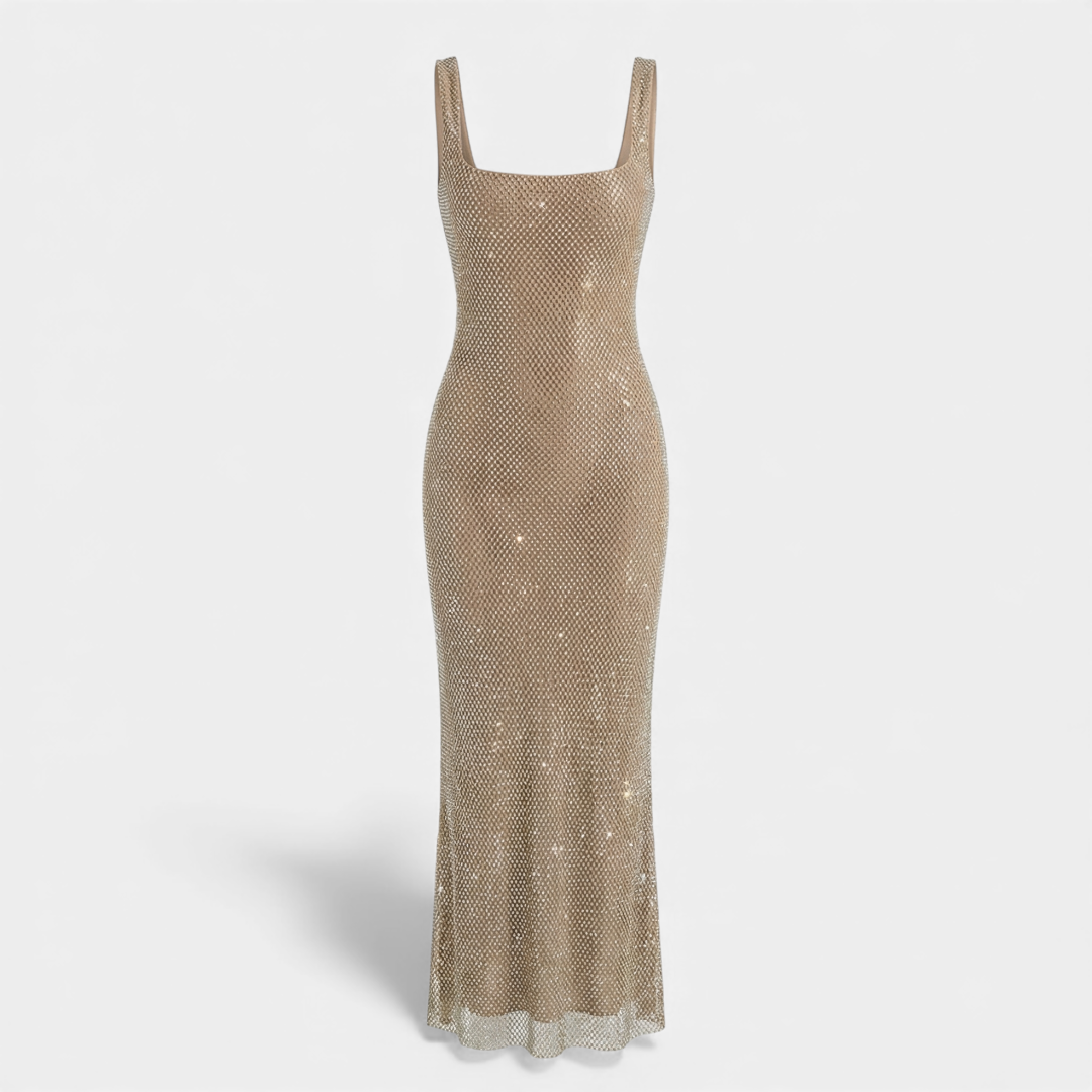 Women’s Sleeveless Embellished Maxi Dress with Square Neck and Low Back