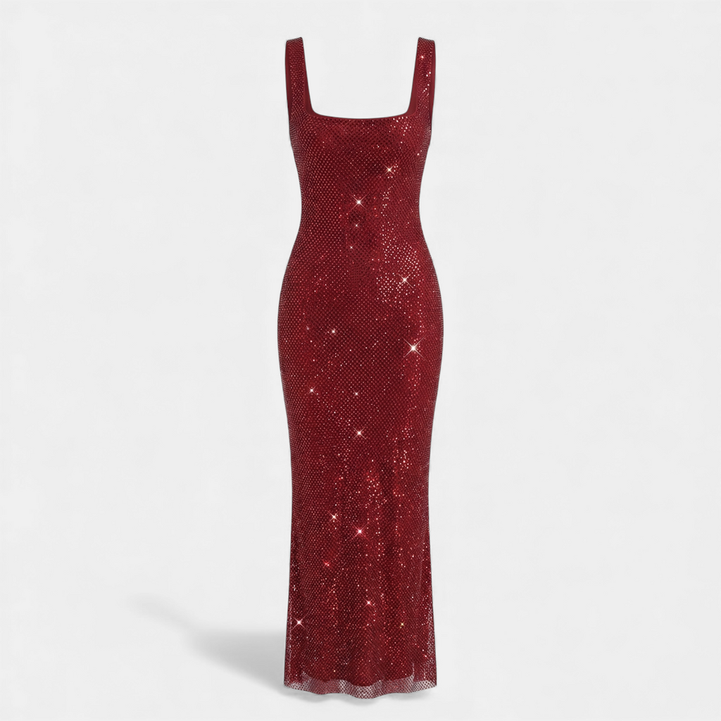 Women’s Sleeveless Embellished Maxi Dress with Square Neck and Low Back