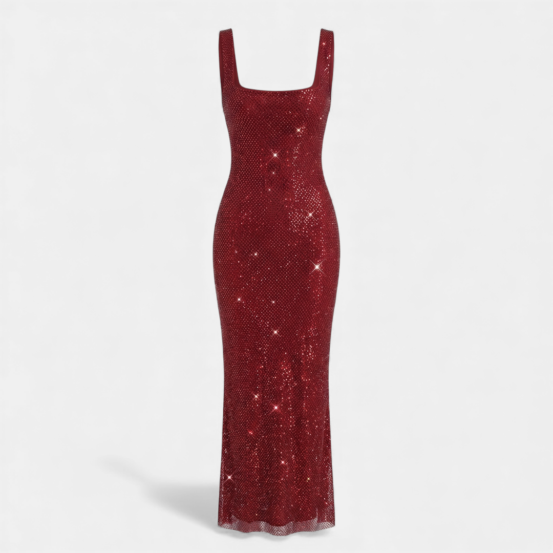 Women’s Sleeveless Embellished Maxi Dress with Square Neck and Low Back