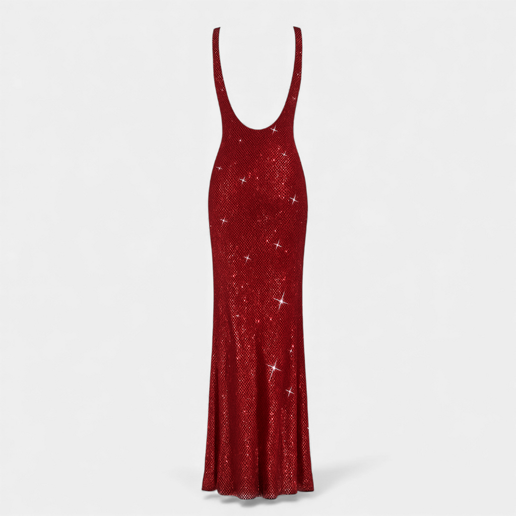 Women’s Sleeveless Embellished Maxi Dress with Square Neck and Low Back