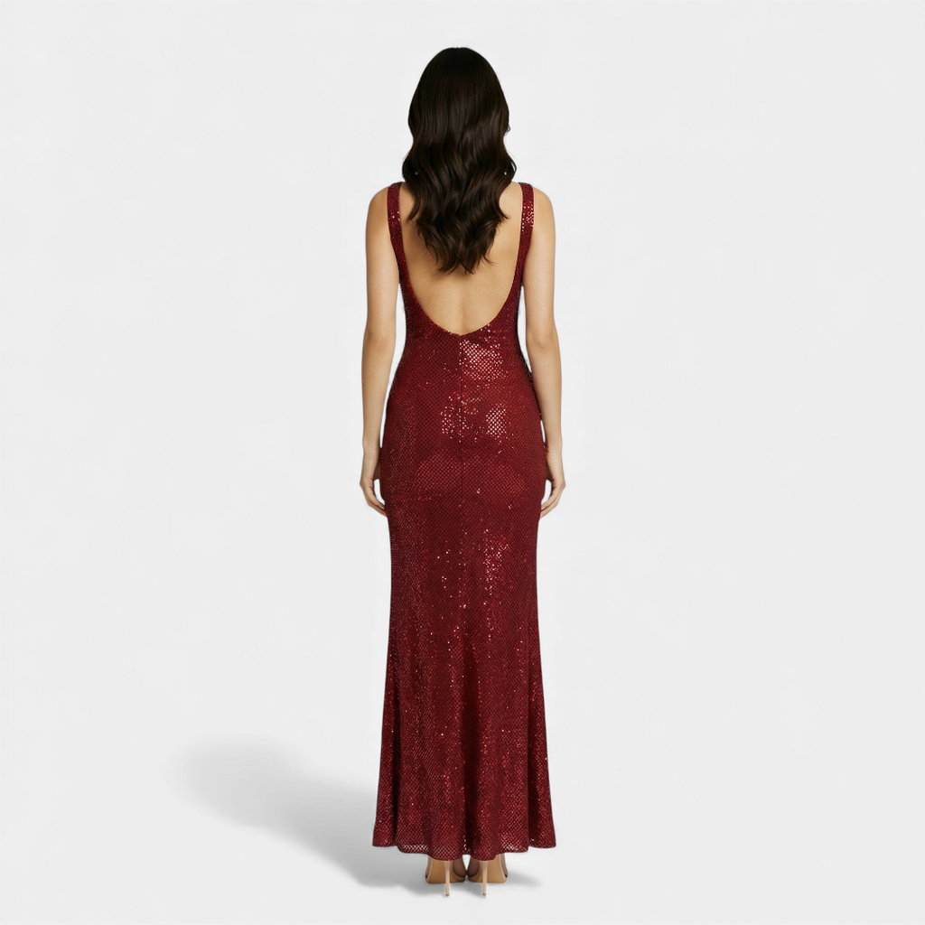 Women’s Sleeveless Embellished Maxi Dress with Square Neck and Low Back