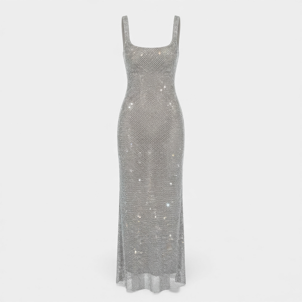 Women’s Sleeveless Embellished Maxi Dress with Square Neck and Low Back