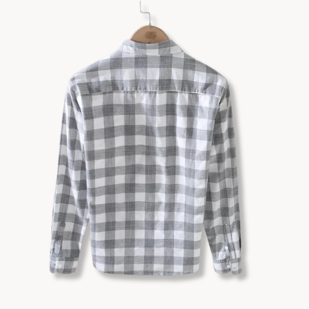 Men's Long Sleeve Check Shirt - Point Collar - Button Front - Chest Pocket - Regular Fit