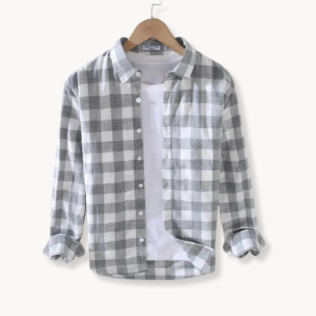 Men's Long Sleeve Check Shirt - Point Collar - Button Front - Chest Pocket - Regular Fit
