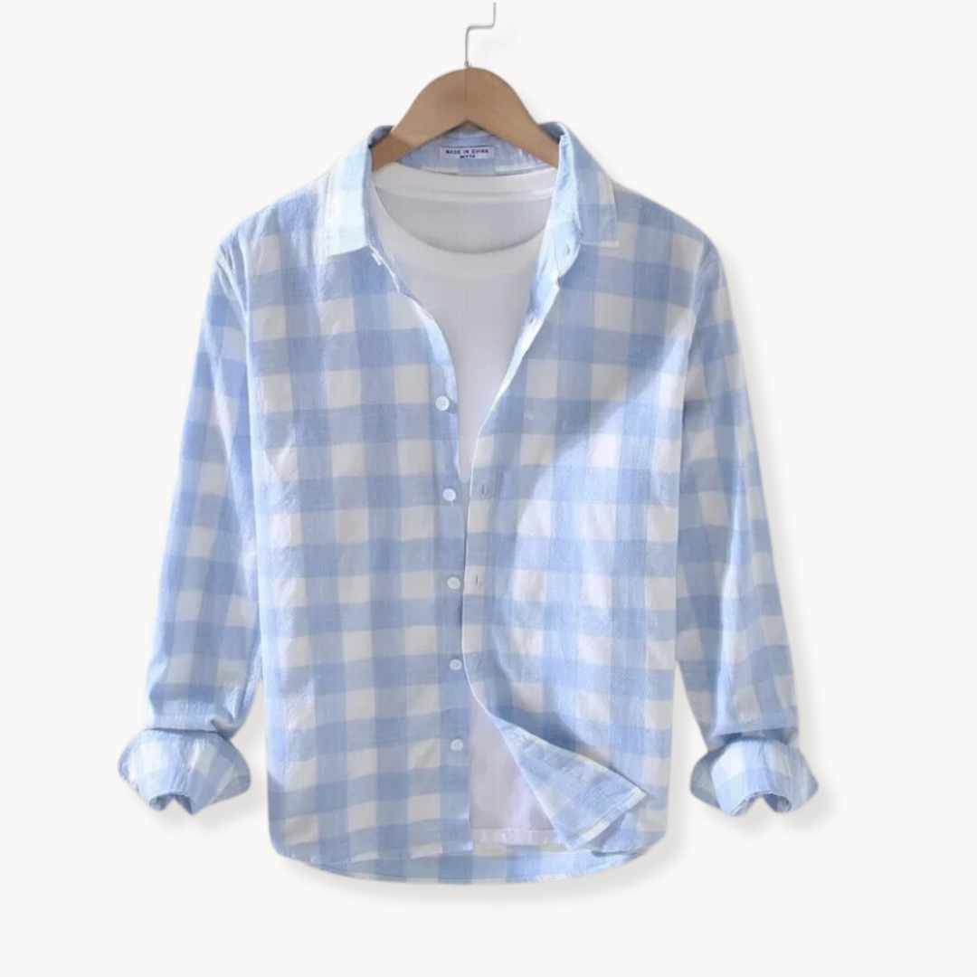 Men's Long Sleeve Check Shirt - Point Collar - Button Front - Chest Pocket - Regular Fit