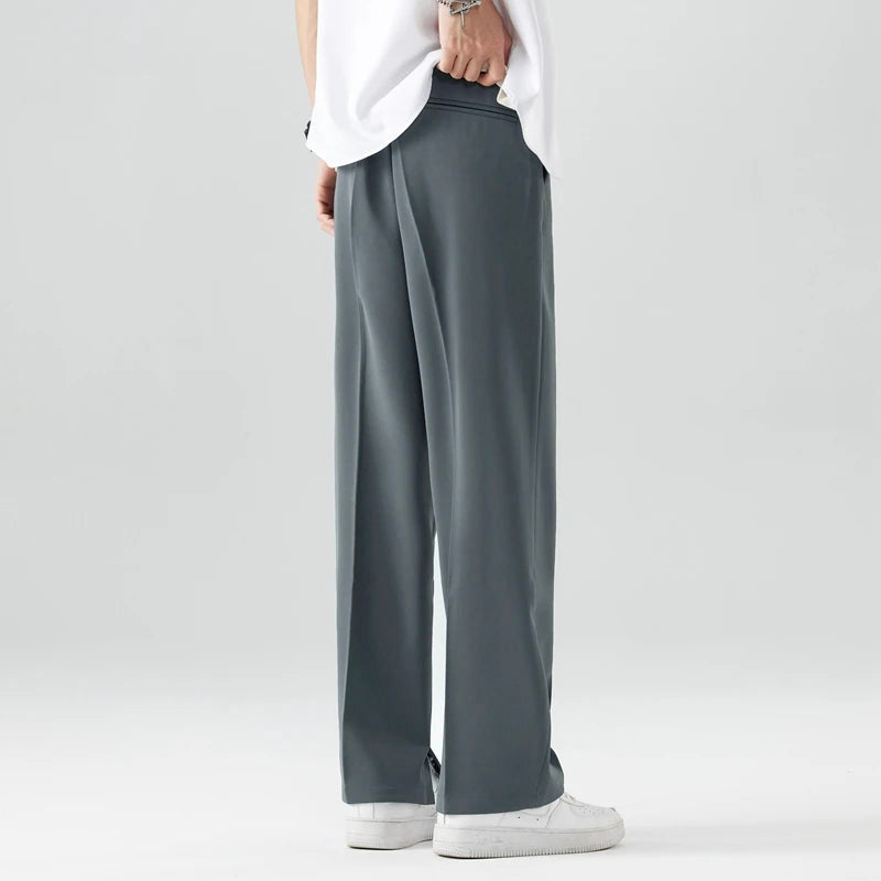Men's Straight-Leg Dress Trousers - Smart Casual Pleated Pants with Elastic Waist and Slant Pockets