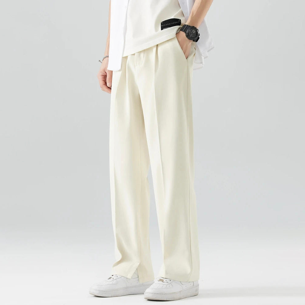 Men's Straight-Leg Dress Trousers - Smart Casual Pleated Pants with Elastic Waist and Slant Pockets