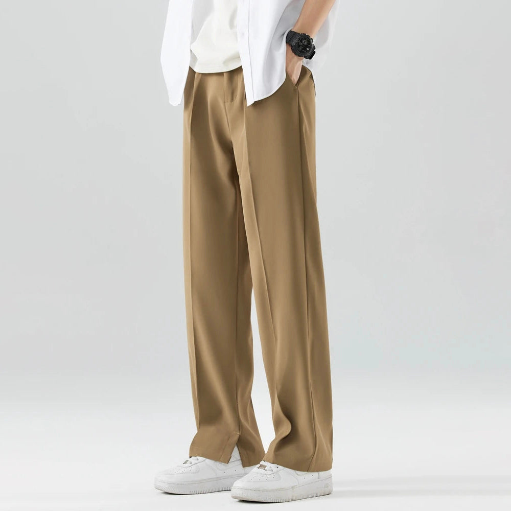 Men's Straight-Leg Dress Trousers - Smart Casual Pleated Pants with Elastic Waist and Slant Pockets