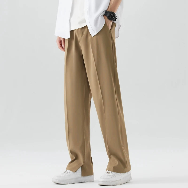 Men's Straight-Leg Dress Trousers - Smart Casual Pleated Pants with Elastic Waist and Slant Pockets