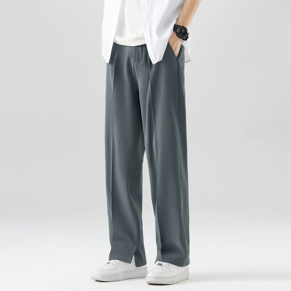 Men's Straight-Leg Dress Trousers - Smart Casual Pleated Pants with Elastic Waist and Slant Pockets