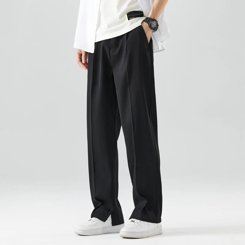 Men's Straight-Leg Dress Trousers - Smart Casual Pleated Pants with Elastic Waist and Slant Pockets