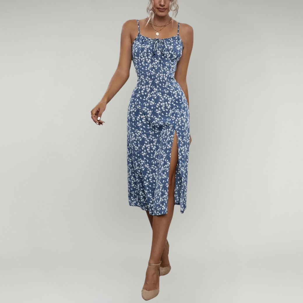 Women’s Floral Midi Dress with Spaghetti Straps and Front Slit