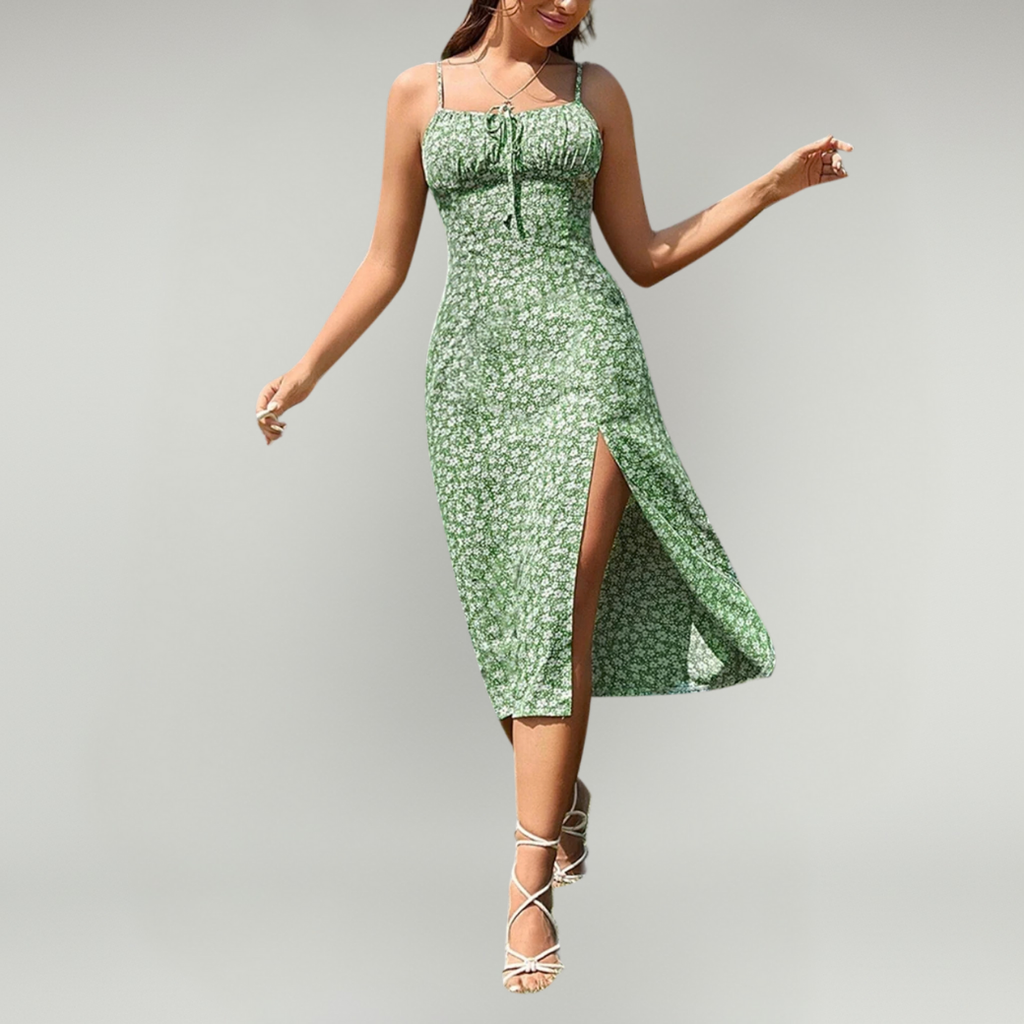 Women’s Floral Midi Dress with Spaghetti Straps and Front Slit