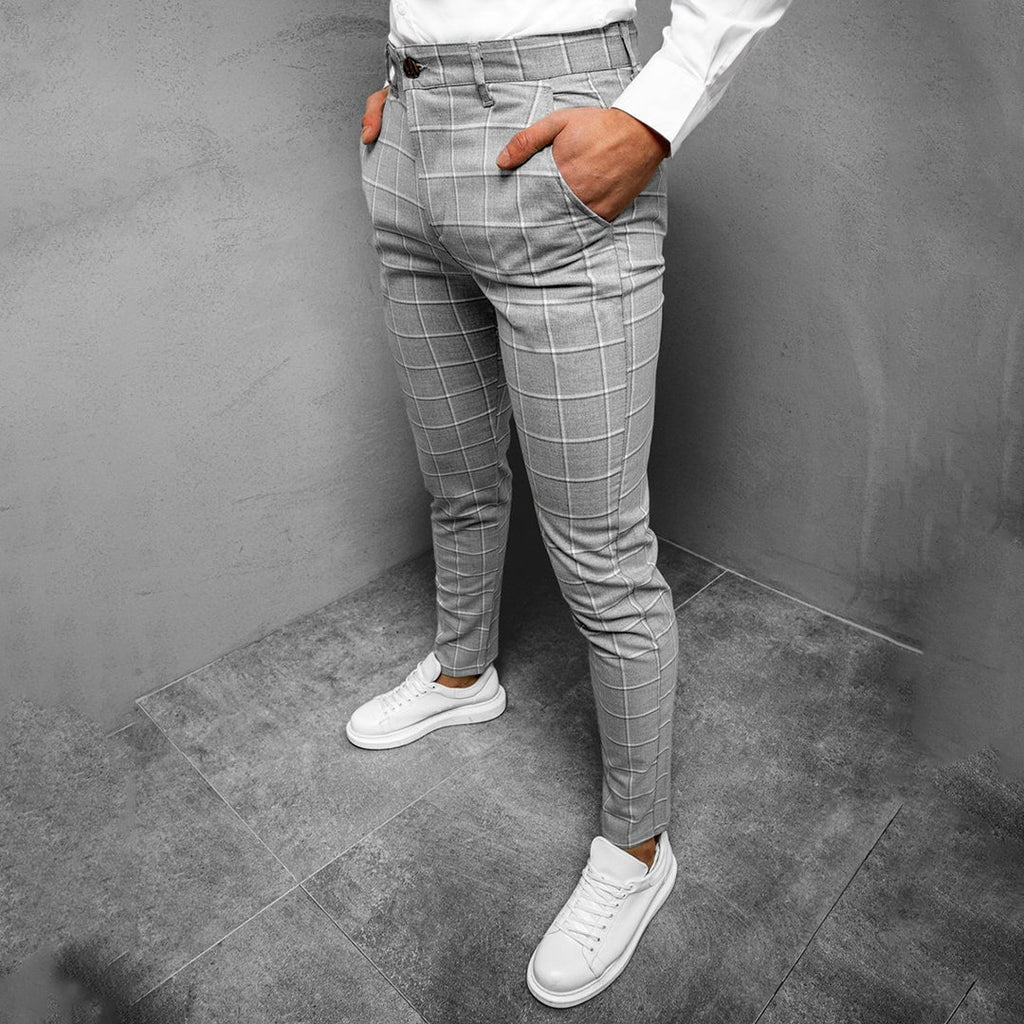 Men's Plaid Check Slim Tapered Leg Chino Trousers with Button and Zip Fly