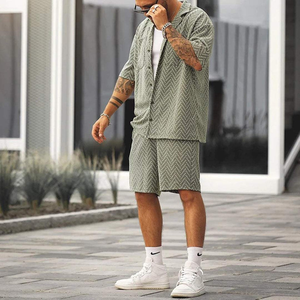 Men’s Green Short Sleeve Button-Down Shirt and Drawstring Shorts Two-Piece Set