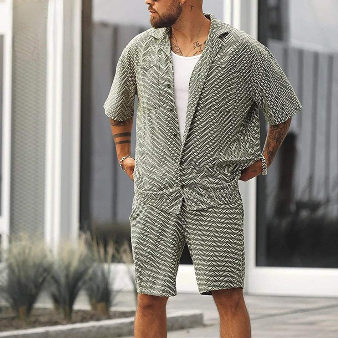 Men’s Green Short Sleeve Button-Down Shirt and Drawstring Shorts Two-Piece Set