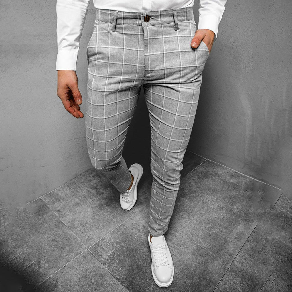 Men's Plaid Check Slim Tapered Leg Chino Trousers with Button and Zip Fly