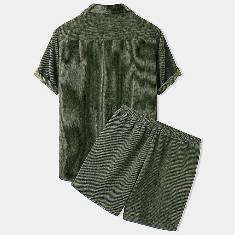 Men’s Two-Piece Set - Textured Short Sleeve Button Shirt and Elasticated Drawstring Shorts Set