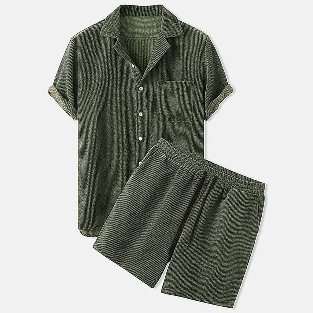 Men’s Two-Piece Set - Textured Short Sleeve Button Shirt and Elasticated Drawstring Shorts Set