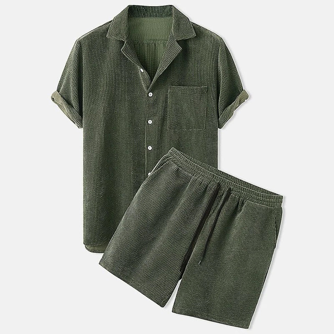 Men’s Two-Piece Set - Textured Short Sleeve Button Shirt and Elasticated Drawstring Shorts Set