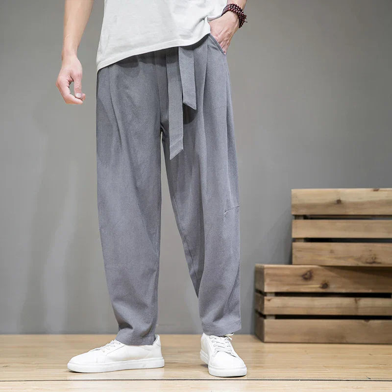 Men's Wide-Leg Tapered Trousers - Cotton Linen Blend - Casual Elastic Waist Wrap-Detail Pants with Tie-Front