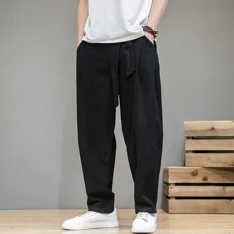 Men's Wide-Leg Tapered Trousers - Cotton Linen Blend - Casual Elastic Waist Wrap-Detail Pants with Tie-Front