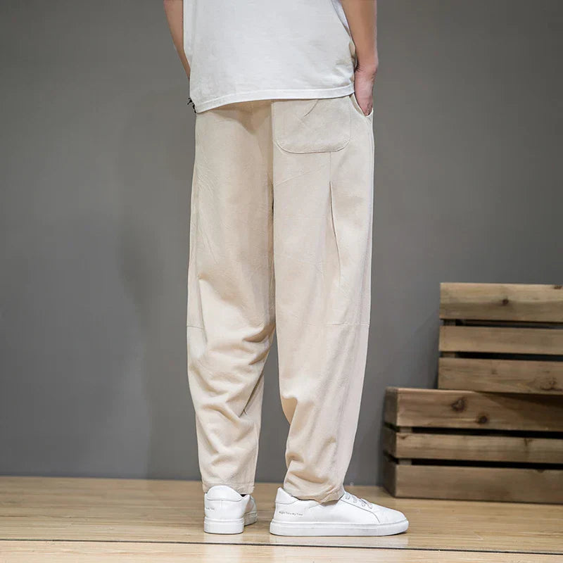 Men's Wide-Leg Tapered Trousers - Cotton Linen Blend - Casual Elastic Waist Wrap-Detail Pants with Tie-Front