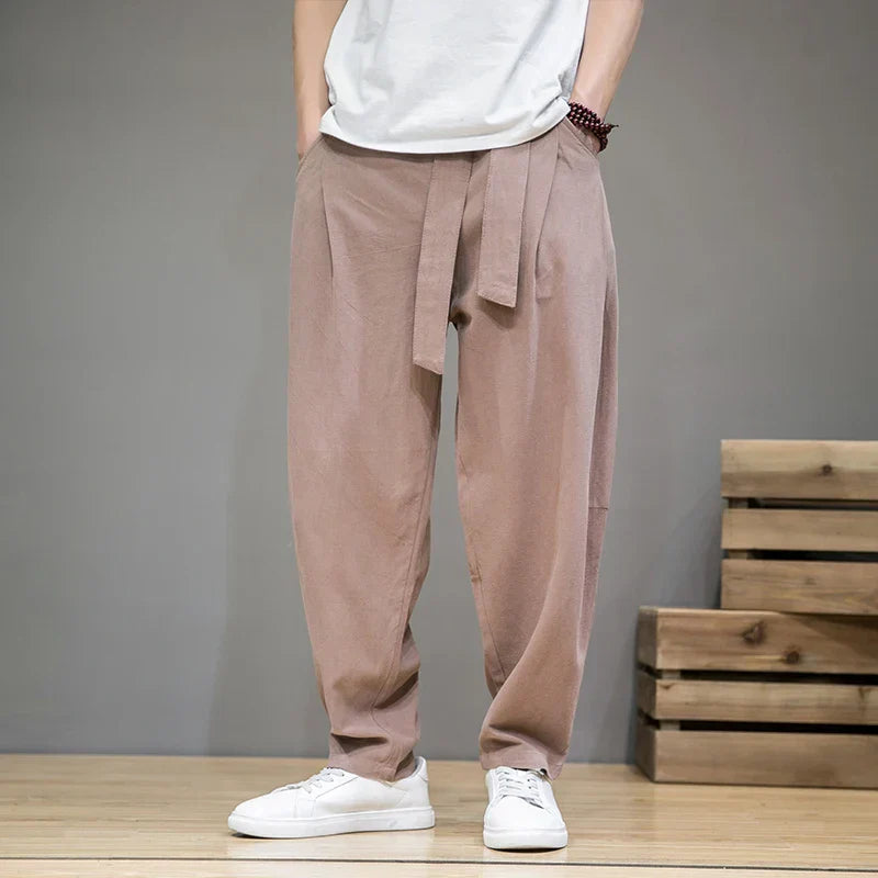 Men's Wide-Leg Tapered Trousers - Cotton Linen Blend - Casual Elastic Waist Wrap-Detail Pants with Tie-Front