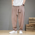 Men's Wide-Leg Tapered Trousers - Cotton Linen Blend - Casual Elastic Waist Wrap-Detail Pants with Tie-Front