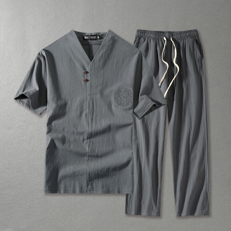Men's Linen Blend V-Neck Short Sleeve Top and Straight Leg Drawstring Trousers Two Piece Set