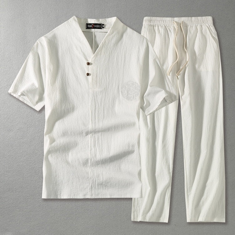 Men's Linen Blend V-Neck Short Sleeve Top and Straight Leg Drawstring Trousers Two Piece Set