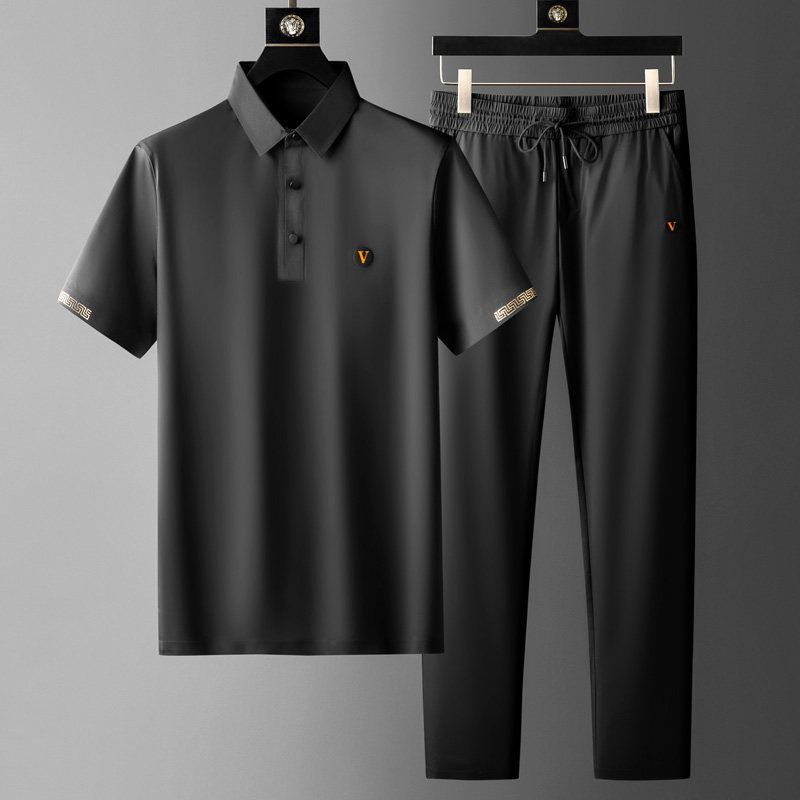 Men’s Short Sleeve Polo Shirt and Trousers Set with Button Placket and Drawstring Waist
