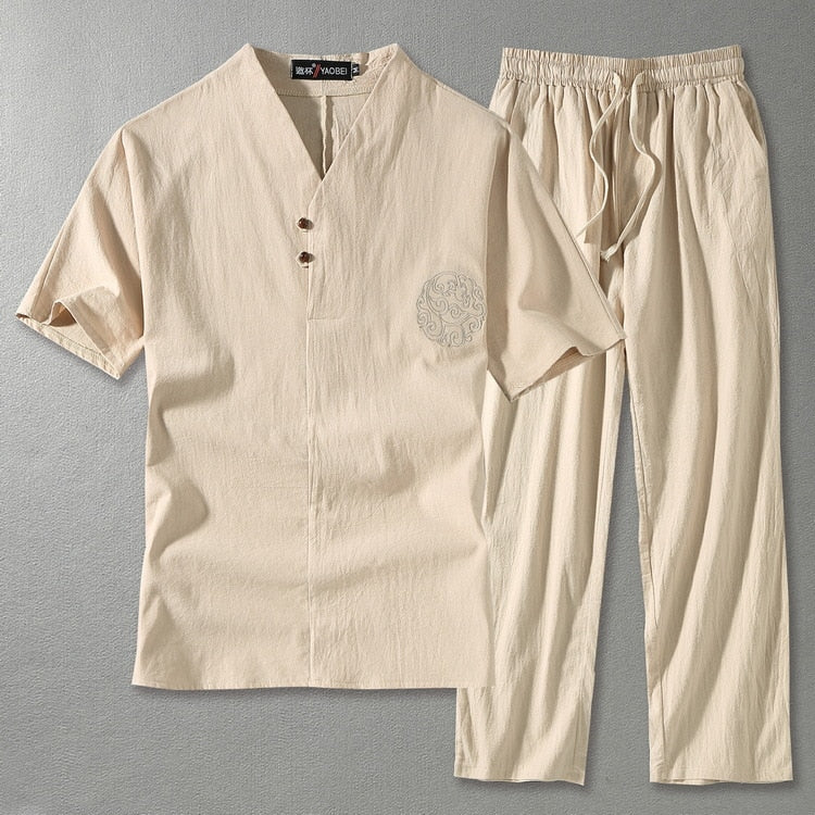 Men's Linen Blend V-Neck Short Sleeve Top and Straight Leg Drawstring Trousers Two Piece Set