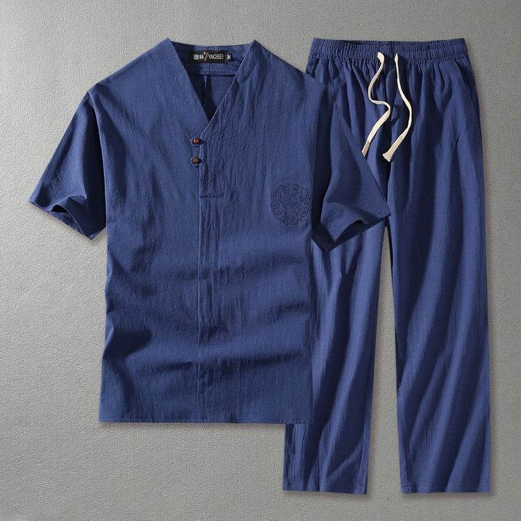 Men's Linen Blend V-Neck Short Sleeve Top and Straight Leg Drawstring Trousers Two Piece Set